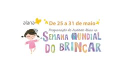 Ilustração mostra uma menina de braços abertos ao lado do letreiro "Semana Mundial do Brincar".