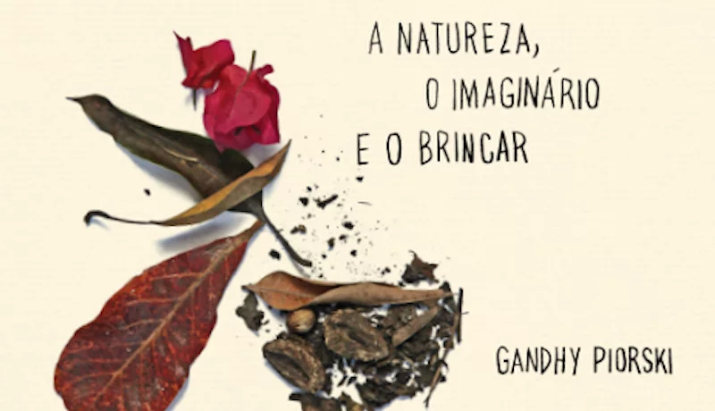 Imagem com folhas, flores e terra e o texto: a natureza e o imaginário do brincar, Gandhy Piorski