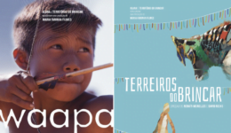 Banners dos filmes "Waapa", com uma criança indígena com um arco e flecha, e do "Terreiros do brincar", com fitas coloridas