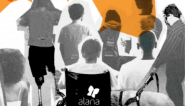 Colagem de pessoas com diversos tipos de deficiência, todas de costas, representando uma comunicação acessível