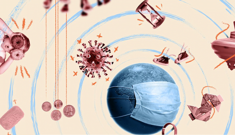 Arte do especial de quarentena do Lunetas com objetos flutuando, como um globo terrestre com máscara e uma célula viral