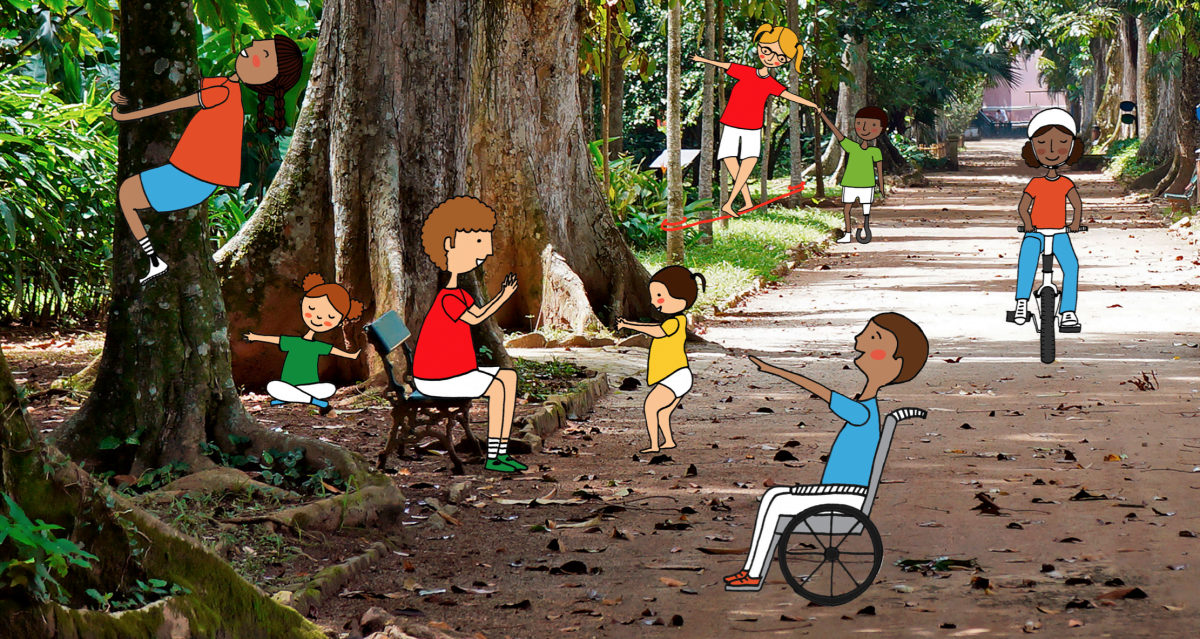 Kit Médico para receitar Natureza: na imagem, ilustrações de crianças brincando em um parque arborizado.