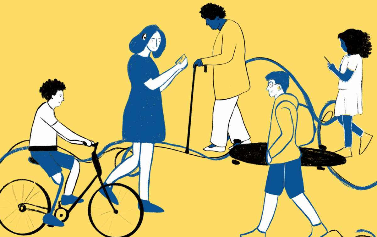 Na imagem, ilustrações da publicação Somos Plurais, em que pessoas com e sem deficiência caminham e realizam diferentes atividades, como andar de bicicleta e caminhar olhando para o celular.