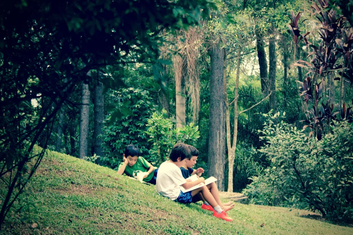 Desemparedamento da Infância: na imagem, três crianças leem em um parque arborizado.