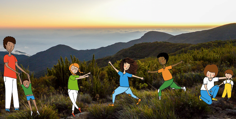 brincar ao ar livre: na imagem, ilustrações de crianças brincam em um grande campo, com montanhas e um por do sol ao fundo.