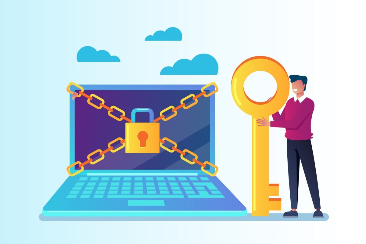 Política de proteção de privacidade de dados Simplificada. Na imagem, um cadeado "tranca" a tela de um computador. Ao lado, um adulto exibe a chave do cadeado.